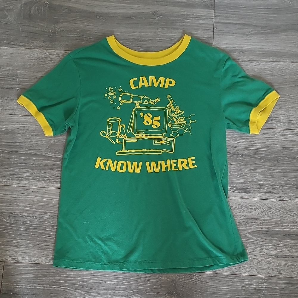 Stranger Things Green and Yellow Camp Know Where Kids T-Shirt Size Medium